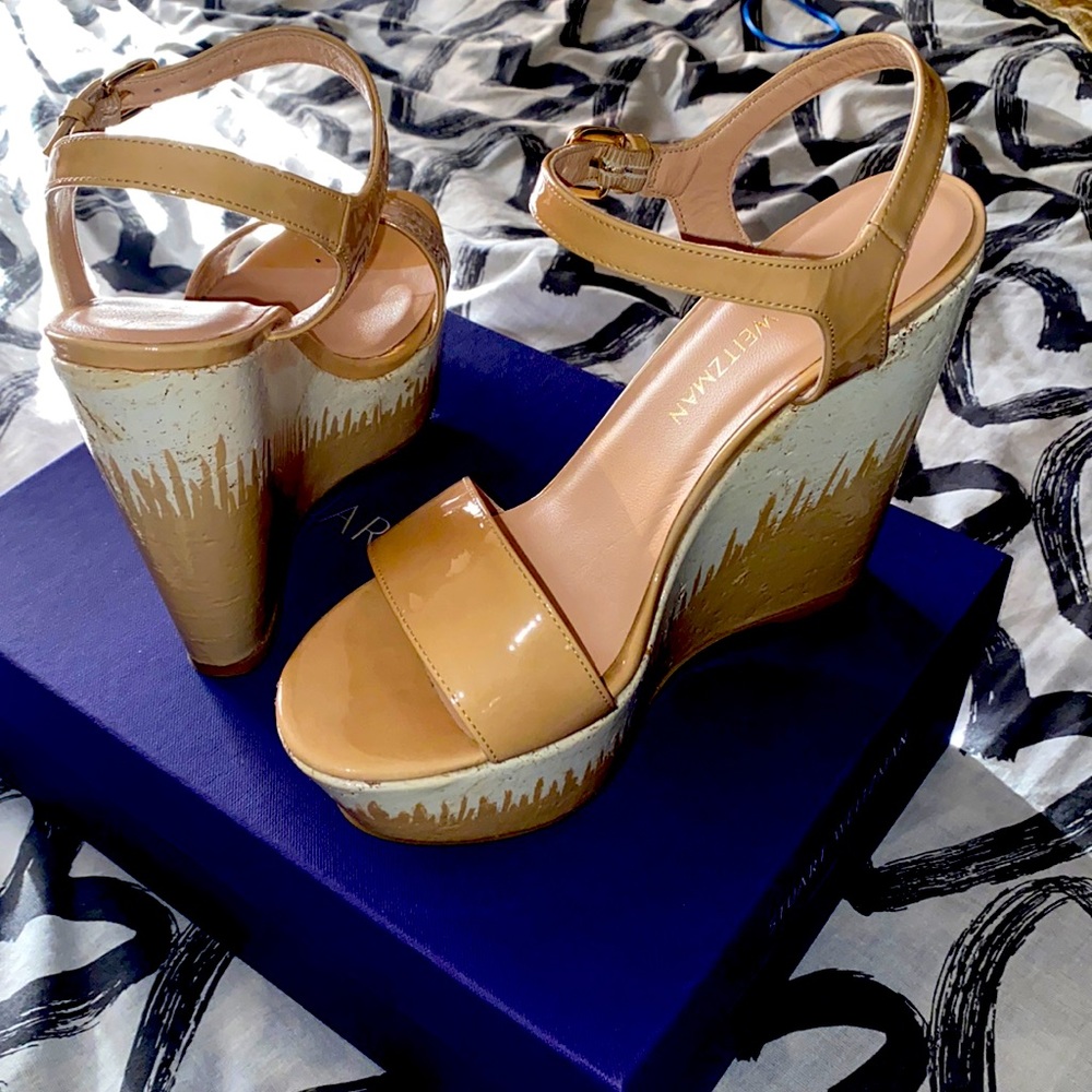 Stuart Weitzman wedge in tan and lighter tan